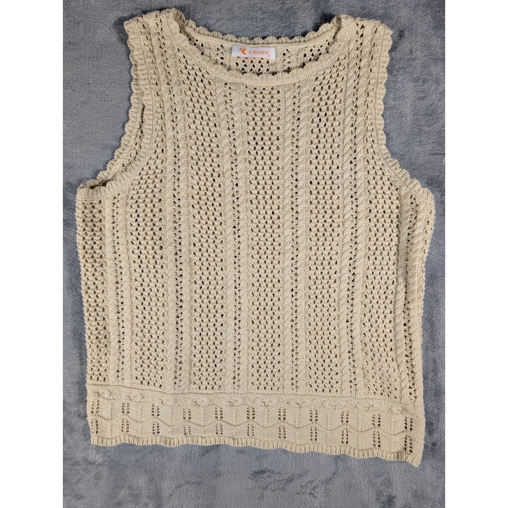 Kirundo‎ Women's Beige Crochet Net Sleeveless Sweater Vest Boho Knit Size Small
